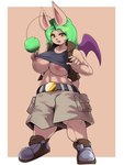 antennae_(anatomy) anthro bat_wings big_breasts bottomwear breasts cargo_shorts clothed clothing crossgender female footwear front_view fur green_hair hair membrane_(anatomy) membranous_wings open_mouth oversized_bottomwear oversized_clothing oversized_pants pants pom_antennae raised_clothing raised_shirt raised_tank_top raised_topwear shirt shoes short_stack shorts small_wings solo tan_body tan_fur tank_top topwear vest wings yellow_eyes taphris final_fantasy square_enix mu_(goodmogmooglemu) mammal moogle 3:4 absurd_res hi_res