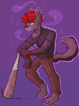 ankh ankh_necklace ankh_piercing anthro barefoot baseball_bat bat_(object) black_clothing black_shirt black_t-shirt black_topwear blush bottomwear brown_bottomwear brown_clothing brown_nose brown_pants clothed clothing ear_piercing ear_ring feet fully_clothed fur grey_body grey_fur grey_inner_ear_fluff hair inner_ear_fluff jewelry leaning_on_baseball_bat leaning_on_object male markings necklace pants piercing pink_blush plantigrade purple_background red_hair red_markings ring_piercing shirt short_hair simple_background snout solo sparkles standing t-shirt tail topwear tuft yellow_eyes capegloam black-backed_jackal canid canine canis jackal mammal 2022 3:4 clip_studio_paint_(artwork) digital_drawing_(artwork) digital_media_(artwork) full-length_portrait hi_res portrait shaded nonbinary_(lore)