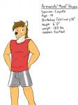 3:4 anthro canid canine canis character_name clothing coyote english_text fuze grin hi_res looking_at_viewer male mammal model_sheet mond_reyes profile shirt simple_background smile solo tank_top teeth texnatsu text topwear white_background