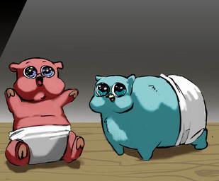 ambiguous_feral ambiguous_gender blue_body blue_eyes blue_fur brown_hooves clothed clothing diaper duo feral floor fur hooves monotone_body monotone_fur neonate open_mouth purple_eyes red_body sitting smile sparkles sparkling_eyes standing wearing_diaper white_diaper wood wood_floor young young_ambiguous young_feral balls_(artist) fluffy_pony fluffy_pony_(species) mammal 2025 digital_media_(artwork) english_description hi_res shaded