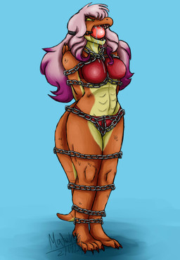 4_toes angry anthro ball_gag barefoot bdsm bikini bodily_fluids bondage bound breasts captured chain chain_bondage chained claws clothed clothing countershade_torso countershading fantasy feet female fully_bound gag gagged hair hands_behind_back midriff orange_body orange_scales plantigrade red_ball_gag red_clothing restrained restraints saliva scales shadow solo standing submissive submissive_female swimwear toe_claws toes two-piece_swimsuit yellow_body yellow_countershading yellow_scales matsurik90 interspecies_reviewers charlotte_(interspecies_reviewers) lizard reptile scalie 2021 absurd_res dated hi_res signature