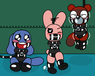 annoyed anthro ball_gag bdsm blue_body blue_fur blush bondage boots bound clothing collar collar_tag footwear fur gag group harness humiliation latex male muzzle_(object) pink_body pink_fur red_body red_fur shoes tape tape_gag trio zxc14 bunny_maloney bunny_maloney_(character) jean_francois stan_ookie canid canine lagomorph leporid mammal rabbit raccoon_dog tanuki unknown_species
