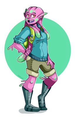 5_fingers accessory alien_symbol_(symbol) backpack black_boots black_clothing black_footwear blue_clothing blue_jacket blue_tongue blue_topwear boots bottomwear breasts clothing eyebrows female fingers footwear gesture glistening glistening_body glistening_clothing green_spots hair hand_gesture hand_on_hip hand_on_leg hand_on_own_hip hand_on_own_leg hand_on_own_thigh hand_on_thigh jacket long_hair markings noseless open_mouth pants pin_accessory pin_button pseudo_hair purple_body raised_finger raised_index_finger red_eyes shoes shorts simple_background solo spots spotted_body tan_bottomwear tan_clothing tan_pants teeth tentacle_hair tentacles tongue topwear white_background graskip cc-by-nc-nd creative_commons alien alien_humanoid animal_humanoid aquatic aquatic_humanoid cephalopod cephalopod_humanoid humanoid mollusk mollusk_humanoid 2015 absurd_res colored hi_res shaded signature