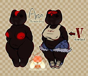 anthro areola areola_outline belly big_belly big_breasts breasts camel_toe clothed clothed/nude clothing eyewear feet female genitals glasses hand_on_hip markings nipples nude overweight overweight_female partially_clothed red_nipples simple_background slightly_chubby slightly_chubby_female solo text thick_thighs vulva wide_hips stupidbagabondo ana_darkie_(stupidbagabondo) amphibian frog english_text hi_res model_sheet