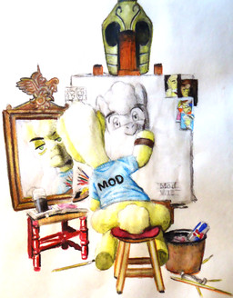 armor book brush canvas clothing easel feral furniture headgear helmet male mirror paintbrush shirt simple_background solo stool t-shirt topwear wastepaper_basket white_background yellow_body mod-wit hasbro my_little_pony triple_self-portrait earth_pony equid equine horse mammal pony absurd_res hi_res inspired_by_formal_art signature