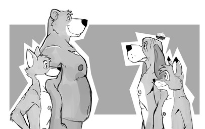 abs anthro athletic athletic_anthro athletic_male belly clothed clothing group head_tuft juxtaposition looking_at_another looking_down looking_up male male_anthro moobs musclegut muscular navel nipples overweight overweight_anthro overweight_male pecs size_difference sizing_up smile smiling_at_another standing topless topless_anthro topless_male tuft hunter-husky disney robin_hood_(disney) the_fox_and_the_hound copper_(tfath) little_john robin_hood tod_(tfath) bear bloodhound brown_bear canid canine canis coonhound domestic_dog fox hunting_dog mammal red_fox scent_hound true_fox ursine hi_res monochrome sketch