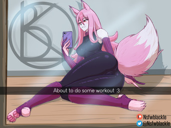 anthro big_breasts breasts camel_toe cellphone claws clothing electronics emoticon feet female fur gesture hair hand_gesture holding_object looking_at_object medium_breasts on_ground patreon_logo pawpads phone pink_body pink_fur pink_hair pink_pawpads pink_tail red_eyes selfie smartphone smile solo tail text tight_clothing toe_claws twitter_logo v_sign white_hair blackle brand_new_animal patreon studio_trigger twitter nazuna_hiwatashi canid canine fox mammal 4:3 english_text hi_res