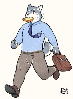 anthro balls biped blush bodypaint bread clothing eat_and_run food footwear genitals male navel necktie penis running shoes simple_background solo toast white_background jeck canid canine mammal