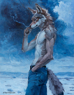 anthro belt biped bottomwear brown_body brown_eyes brown_fur cigarette clothed clothing denim denim_bottomwear denim_clothing fur grey_body grey_fur hand_in_pocket jeans male male_anthro multicolored_body multicolored_fur navel nipples pants pockets smoking smoking_cigarette snow solo tail topless topless_anthro topless_male white_body white_fur creeps canid canine canis coyote mammal 2026 hi_res oil_painting_(artwork) painting_(artwork) traditional_media_(artwork) traditional_painting_(artwork)
