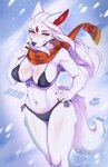 2023 5_fingers anthro bikini black_bikini black_clothing black_swimwear breasts canid canine clothed clothing female fingers fox fur hair hand_on_hip hi_res inner_ear_fluff long_hair mammal navel purplelemons satomi_(purplelemons) scarf snow solo swimwear tail tuft two-piece_swimsuit white_body white_fur white_hair