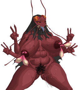 4_arms antennae_(anatomy) anthro anus areola belly big_areola big_breasts big_nipples blue_tongue bodily_fluids body_hair breasts cloak clothing condom condom_decoration ejaculation eyelashes female filled_condom gaping gaping_vagina genital_fluids genitals gesture hair hairy_armpits hairy_vulva hand_gesture mandibles multi_arm multi_limb nipples pubes puffy_areola red_body red_skin saliva saliva_string sexual_barrier_device sharp_teeth solo sweat teeth thick_thighs tongue v_sign vaginal_fluids vaginal_squirting vulva wearing_condom wide_hips carsen jujutsu_kaisen kurourushi animal_humanoid arthropod arthropod_humanoid blattodean cockroach cockroach_humanoid humanoid insect insect_humanoid hi_res