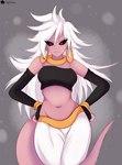 andoid_21 armwear black_clothing bottomwear clothed clothing elbow_gloves female fingerless_gloves gloves hair handwear neck_ring pants pink_body red_eyes rings_on_arms rings_on_ears solo white_bottomwear white_clothing white_hair white_pants skyversa dragon_ball dragon_ball_fighterz majin_android_21 humanoid majin absurd_res hi_res