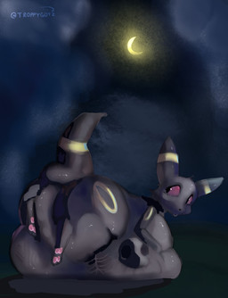 abdominal_bulge ambiguous_gender anthro belly belly_overhang big_belly big_butt black_body black_fur bodily_fluids bone bones_in_stomach bubble_butt butt butt_focus clothing death detailed_background duo fatal_vore feet female feral feral_on_feral foot_focus fur hair male moon navel night onomatopoeia oral_vore overweight overweight_anthro overweight_female overweight_male overweight_pred pawpads red_eyes same_size_vore simple_background skull solo sound_effects tail text twitter_handle vore yellow_body yellow_fur troppygutz nintendo pokemon eevee eeveelution generation_1_pokemon generation_2_pokemon mammal pokemon_(species) umbreon 2025 absurd_res artist_name digital_media_(artwork) digital_painting_(artwork) english_description english_text hi_res painting_(artwork) shaded soft_shading watermark