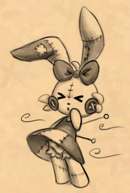 >.< anthro bloomers bottomwear bow_on_head button_(fastener) clothed clothed_anthro clothed_female clothing dress eyes_closed featureless_arms featureless_legs female female_anthro flat_chested patch_(fabric) plushie sewing_pin solo standing stitch_(sewing) underwear upskirt wind young young_anthro young_female soulcentinel voodoo_bunny animate_inanimate lagomorph leporid living_plushie mammal rabbit 2026 monochrome sepia