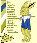 anthro anthrofied big_ears blue_clothing blue_hoodie blue_topwear clothing color_swatch eyes_closed eyewear fur glasses hair hoodie male melting messy_hair neck_tuft paws pokemorph round_glasses smile snout solo text topwear tuft yellow_body yellow_ears yellow_fur yellow_slime joltrex nintendo pokemon jolt_(joltrex) eeveelution generation_1_pokemon jolteon pokemon_(species) english_text hi_res model_sheet