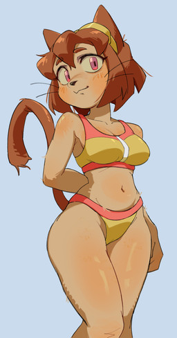 anthro bikini bikini_bottom bikini_top black_nose blue_background blush blush_lines bob_cut breasts brown_body brown_fur brown_hair cleavage clothed clothing collarbone curvy_figure eyeliner eyewear female fur glistening_thighs goggles hair hand_behind_back looking_at_viewer makeup navel pink_eyes simple_background smile solo swimwear tail tan_body tan_fur thick_thighs two-piece_swimsuit whiskers wide_hips yellow_eyewear yellow_goggles sokalisalini gameoverse glitch_productions kit_bodega domestic_cat felid feline felis mammal 2026 hi_res portrait three-quarter_portrait