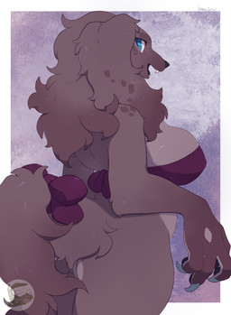 anthro big_breasts bikini bikini_top black_pawpads breasts brown_body brown_fur claws clothing female finger_claws fur grey_claws logo overweight pawpads red_ribbon solo swimwear text two-piece_swimsuit mochiri canid canine canis domestic_dog mammal 2026 absurd_res artist_logo artist_name cel_shading digital_drawing_(artwork) digital_media_(artwork) hi_res shaded