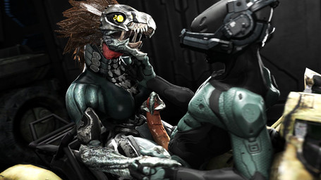 3_fingers anthro avian_caruncle bodily_fluids bodysuit breasts brown_body brown_feathers clothing duo erection eye_contact face_covered faceless_character faceless_human faceless_male feather_hair feathered_crest feathers female female_anthro female_on_human fingers genitals hand_holding hand_on_chin handjob head_crest holding_penis human_on_anthro interspecies looking_at_another male male/female male_human male_on_anthro non-mammal_breasts open_mouth penile penis pseudo_hair saliva saliva_string sex skinsuit tight_clothing xenophilia scrungusbungus halo_(series) microsoft xbox_game_studios alien avian human kig-yar mammal scalie t'vaoan 16:9 3d_(artwork) colored digital_media_(artwork) hi_res widescreen