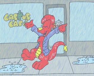 anthro clothing jacket male puddle raining red_body red_skin sidewalk tail topwear tabbiewolf mythology dodge_q._dart dragon mythological_creature mythological_scalie scalie