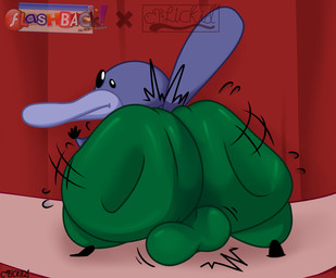 balls big_butt bodily_fluids bouncing_balls butt clapping clothing genitals hands_on_wall looking_at_viewer looking_back looking_back_at_viewer presenting presenting_hindquarters simple_background sweat sweatdrop sweaty_clothing thick_thighs tight_clothing twerking henrique_rick chasm_(flash_game) joe_(chasm) humanoid mammal monotreme platypus hi_res
