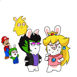 ambiguous_gender anthro arms_bent backwards_hat black_clothing black_eyes black_facial_hair black_hair black_handwear black_jacket black_mittens black_mustache black_topwear blonde_hair blue_clothing blue_ear_piercing blue_overalls bodily_fluids bottomless bottomless_anthro bottomless_female butt clothed clothed_anthro clothed_human clothed_male clothing cross-popping_vein crown dot_eyes duo_focus ear_piercing eye_contact eye_through_hair eyebrows eyelashes facial_hair featureless_crotch featureless_limbs female female_anthro flying fully_clothed fully_clothed_anthro fully_clothed_human fully_clothed_male fur furrowed_eyebrows gem green_clothing green_eyebrows green_hat green_headwear green_shirt green_topwear group hair half-closed_eyes hand_on_hip hand_on_own_hip hands_behind_head hands_in_both_pockets handwear hat headgear headwear jacket larger_anthro larger_female larger_human larger_male light long_ears long_hair looking_at_another male male_anthro male_human mittens mouth_closed multicolored_body multicolored_hair mustache narrowed_eyes nervous nervous_sweat noseless open_clothing open_jacket open_topwear overalls piercing pink_clothing pink_shirt pink_topwear purple_clothing purple_eyelids purple_shirt purple_topwear red_clothing red_hat red_headwear red_shirt red_topwear ruby_(gem) sapphire_(gem) shirt short_hair short_legs simple_background simple_eyes size_difference smaller_ambiguous smaller_anthro smaller_male smile smiling_at_another spiky_hair squint standing sweat sweaty_face tan_body tan_eyelids tan_inner_ear tan_skin teeth thick_eyebrows tooth_gap toothy_grin topwear torn_jacket translucent translucent_hair two_tone_body two_tone_hair white_background white_body white_fur yellow_body yellow_skin osirisky mario_bros mario_plus_rabbids_kingdom_battle mario_plus_rabbids_sparks_of_hope nintendo raving_rabbids rayman_(series) ubisoft edge_(mario_plus_rabbids) mario rabbid_luigi rabbid_peach starburst_(mario_plus_rabbids) human lagomorph mammal rabbid spark_(mario_plus_rabbids) 1:1 2021 cel_shading crossover digital_drawing_(artwork) digital_media_(artwork) japanese_description lighting shaded