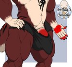 anthro balls biceps big_penis bottomwear bulge clothing detailed_bulge erection fur genital_outline genitals male muscular muscular_anthro muscular_male penis penis_base penis_outline simple_background solo standing stripes torn_clothing underwear 1ceberg mythology canid canid_demon canine canis demon hellhound mammal mythological_canine mythological_creature