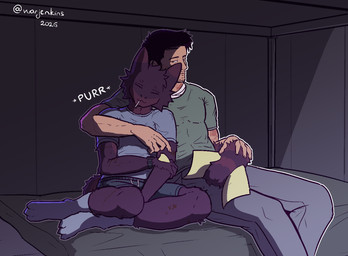 anthro bed bed_sheet bedding bottomwear candy clock clothed clothed_anthro clothed_human clothed_male clothing dessert duo food fully_clothed fully_clothed_anthro fully_clothed_human fully_clothed_male fur furniture hand_on_tail lollipop looking_at_another male onomatopoeia purple_body purple_fur purring shirt shorts sitting smile sound_effects stubble tail tail_wraps text topwear watch wraps wristwatch warjenkins casualties:_unknown gunsaw felid feline gunsawian human mammal voyager_(gunsawian) 2026 colored digital_media_(artwork)
