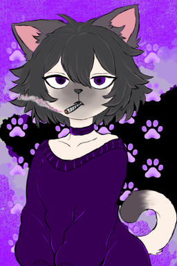 anthro cat_tail choker clothing dark_hair drugs ears_up fur hair jewelry male marijuana necklace purple_eyes smoke smoking smoking_marijuana solo sweater tail topwear white_body white_fur roli_poli domestic_cat felid feline felis mammal 2:3 hi_res
