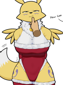 angry anthro bell bell_collar big_breasts breasts clothing collar female fur legwear red_clothing stockings thick_thighs white_body white_fur yellow_body yellow_fur rizal_ok bandai_namco digimon digimon_(species) renamon absurd_res hi_res