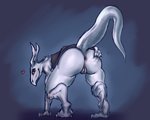 2020 anthro anus bent_over blue_eyes blush bottomless butt butt_grab clothed clothing digitigrade eyelashes female genitals grey_body grin hand_on_butt heart_symbol hi_res horn lizard looking_at_viewer looking_back looking_back_at_viewer presenting presenting_hindquarters pussy raised_tail rear_view reptile scalie smile solo spacedongle spreading tail topwear