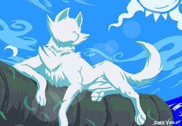 ambiguous_gender cloud day digitigrade feral fur lying on_ground outside pawpads paws sky solo sun tail water white_body white_fur white_tail dark_violet homestuck ms_paint_adventures becquerel canid canine mammal 2025 absurd_res digital_drawing_(artwork) digital_media_(artwork) hi_res