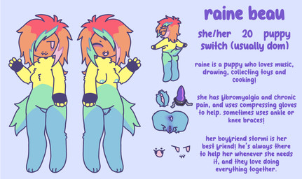 angelbite_piercing anthro breasts butt clothing disability eye_bags facial_piercing female fingerless_gloves fur gloves handwear highlights_(coloring) lip_piercing medium_breasts multicolored_body multicolored_fur piercing pink_eyes rainbow_body rainbow_fur scene_haircut short_tail solo strapon tail text guppyscollar raine_beau_(guppyscollar) canid canine mammal english_text hi_res model_sheet