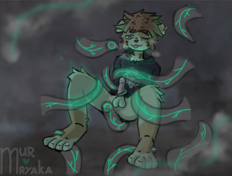 anthro anus blonde_hair blue_eyes bodily_fluids bottomless breath clothed clothing ear_piercing fog fur genital_fluids glowing hair hoodie hoodie_only male masturbation orange_hair panting paws piercing precum raised_leg sex solo tentacle_sex tentacles topwear topwear_only mur_mryaka bird_dog canid canine canis domestic_dog golden_retriever hunting_dog mammal retriever hi_res