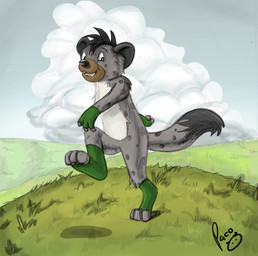 anthro black_eyes black_hair black_nose blue_sky clothing cloud footwear fur gloves grass green_clothing green_footwear green_gloves green_handwear grey_body grey_fur hair handwear happy logo looking_at_viewer male male_anthro mostly_nude open_mouth outside pink_tongue plant pupils short_hair sky solo teeth tongue white_body white_fur white_pupils young young_anthro young_male pandapaco hyena mammal alternate_version_at_source artist_logo hi_res signature