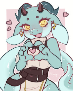 anthro belt blue_body blush claws dragon_horn ear_piercing ears_down eyelashes female gesture heart_gesture heart_symbol horn looking_at_viewer piercing pivoted_ears pupils rope rope_belt smile solo square_pupils tail yellow_eyes h0t-garbage mythology dragon mythological_creature mythological_scalie scalie 4:5 absurd_res hi_res shaded signature