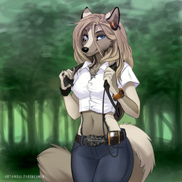 anthro belt biped bottomwear breasts claws clothed clothed_anthro clothed_female clothing denim denim_bottomwear denim_clothing female fingers front_view fully_clothed fully_clothed_anthro fully_clothed_female fur hair jeans looking_at_viewer midriff navel outside pants shirt smile solo standing tail topwear koul koul_fardreamer canid canine canis mammal wolf 1:1 2026 digital_drawing_(artwork) digital_media_(artwork) hi_res