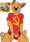 anthro arm_tuft balls banner brown_balls brown_body brown_eyes brown_fur clothing collar communism cross crouching dialogue duo elbow_tuft erection fur genitals hammer_and_sickle happy leash male open_mouth penis pink_tongue politics presenting red_clothing red_shirt red_topwear shirt shitpost simple_background solo speech_bubble text tongue tongue_out topwear tuft fishears desenhista_que_pensa canid canine canis domestic_dog mammal hi_res meme portuguese_text translated