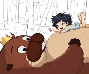 aged_down black_hair black_nose brown_body brown_fur buckteeth duo female feral fur gold_crown hair male size_difference tan_chest teeth whiskers young job_ramm disney ghibli hoppers_(disney) my_neighbor_totoro pixar king_george_(hoppers) mabel_tanaka beaver human mammal rodent