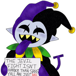 :d close-up clothed clothing dialogue hat headgear headwear humanoid_pointy_ears male not_furry open_mouth pointy_ears sharp_teeth sign simple_background smile solo standing teeth text the_truth tongue tongue_out white_background d_vaaaah deltarune undertale_(series) jevil_(deltarune) darkner humanoid imp 2018 english_text hi_res
