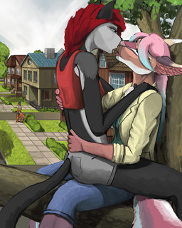 5_fingers anthro breasts clothed clothing duo female female/female fingers hair kissing long_hair on_lap plant red_hair romantic romantic_couple sitting_on_lap straddling tongue tree fingerprint_(artist) canid canine felid fox mammal 2018 4:5 digital_drawing_(artwork) digital_media_(artwork) hi_res