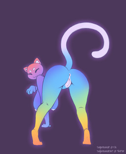 :3 anus bent_over big_breasts big_butt bioluminescence breasts butt eyes_closed female genitals glowing gradient gradient_fur handpaw hanging_breasts looking_at_viewer looking_back looking_back_at_viewer nipples paws presenting presenting_hindquarters rainbow rgb solo sparklefur vulva sugarbandit domestic_cat felid feline felis mammal hi_res