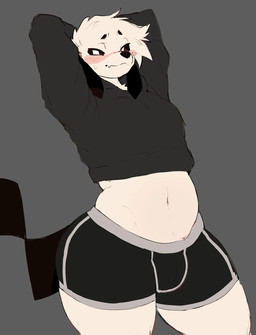 anthro belly black_sclera blush bodily_fluids boxers_(clothing) clothed clothing crop_top front_view grey_background hands_behind_head looking_at_viewer male shirt simple_background solo sweat thick_thighs topwear underwear white_body dogsc0ut pooch_(dogsc0ut) bird_dog bloodhound canid canine canis domestic_dog hunting_dog labrador mammal retriever scent_hound colored hi_res