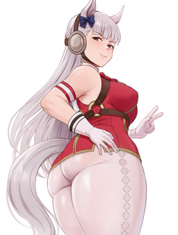 5_fingers accessory animal_ears bangs bare_shoulders big_breasts big_butt bottomwear bow_ribbon breasts brown_eyes butt clothing female fingers gesture hair hair_accessory hair_bow hair_ribbon hand_gesture handwear light_body light_skin long_hair looking_back low-angle_view pants red_clothing red_topwear ribbons simple_background solo tail thick_thighs topwear v_sign white_background white_bottomwear white_clothing white_pants brikot cygames uma_musume_pretty_derby gold_ship_(pretty_derby) animal_humanoid equid equid_humanoid equine equine_humanoid horse_humanoid humanoid mammal mammal_humanoid absurd_res colored digital_drawing_(artwork) digital_media_(artwork) hi_res shaded