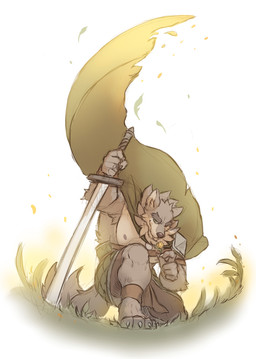 ankle_band anthro armor cape clothing dandelion flower green_cape green_clothing green_eyes holding_flower holding_object jewelry kneeling kneeling_on_ground male melee_weapon moon_pendant neck_tuft necklace pauldron plant solo sword tuft weapon blackham far_beyond_the_world_(series) ranok_(far_beyond_the_world) canid canine canis mammal wolf 2025 hi_res