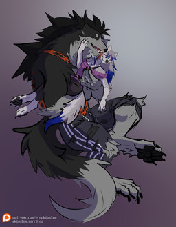 abstract_background anthro black_hair bottomwear clothing duo_focus eyes_closed face_lick female group hair holding_another licking looking_at_another male pants shirt side_view three-quarter_view tongue topwear torn_bottomwear torn_clothing torn_pants torn_shirt torn_topwear errokioslem mythology kudrovski canid canine canis mammal mythological_canine mythological_creature werecanid werecanine werecreature werewolf wolf full-length_portrait hi_res portrait