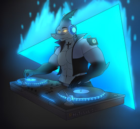 abs anthro clothed clothing cross_tattoo dj_table electronics fin fin_piercing fin_ring furgonomic_piercing furgonomics glowing glowing_eyes headgear headphones headset jacket male muscular muscular_anthro muscular_male navel notched_fin open_clothing open_jacket open_topwear piercing simple_background solo tattoo topwear yellow_eyes photolol.03 dj_shark_(dj_sharkowski) aquatic fish shark hi_res