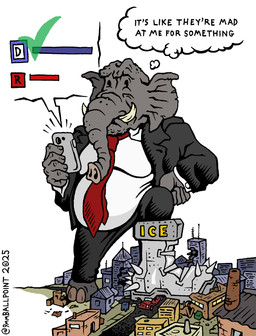 anthro boots building building_destruction cellphone city city_crushing city_destruction clothing destruction electronics footwear grey_body holding_object holding_phone macro male phone political_cartoon politics shoes simple_background smartphone solo suit_and_tie text thought_bubble white_background 9mmballpoint republican_party_(usa) u.s._department_of_homeland_security u.s._immigration_and_customs_enforcement republican_elephant elephant elephantid mammal proboscidean 2025 digital_drawing_(artwork) digital_media_(artwork) english_text