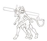 4_arms 4_legs armor bottomless bottomless_female breasts clothed clothing female fur greaves hair holding_object holding_weapon long_tail multi_arm multi_limb multifur shirt solo tail topwear weapon sleeps-darkly_(artist) unnamed_character felid feline mammal taur digital_media_(artwork) hi_res line_art