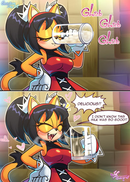 accessory anthro big_breasts black_body black_fur black_hair black_nose blush blush_lines bodily_fluids breasts clothing cum cum_in_mouth cum_inside cum_string dialogue dipstick_tail dress drinking drinking_cum eyelashes eyes_closed fangs female front_view fur genital_fluids hair hair_accessory hairband hand_on_hip heart_symbol holding_glass holding_object markings oblivious open_mouth open_smile orange_body orange_fur pigtails red_clothing red_dress smile solo speech_bubble tail tail_markings tan_body tan_fur teeth text halfgalaxy sega sonic_the_fighters sonic_the_hedgehog_(series) honey_the_cat domestic_cat felid feline felis mammal absurd_res hi_res