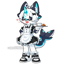 4_ears 4_fingers anthro bangs beverage black_body black_ears black_fur blue_horn blue_inner_ear blush blush_lines bottomwear bow_ribbon cetacean_tail clothed clothing coffee crossdressing eyes_closed facial_tuft fingers footwear frilly frilly_bottomwear frilly_clothing frilly_footwear frilly_legwear frilly_skirt frilly_socks fur fur_markings hair heart_symbol holding_tray horn inner_ear_fluff legwear maid_apron maid_uniform male markings multi_ear open_mouth shoes simple_background skirt sneakers socks solo sugar tuft uniform white_background white_hair white_inner_ear_fluff white_markings young young_anthro young_male windbiom hefeng_character aquatic cetacean furred_cetacean mammal 1:1 watermark